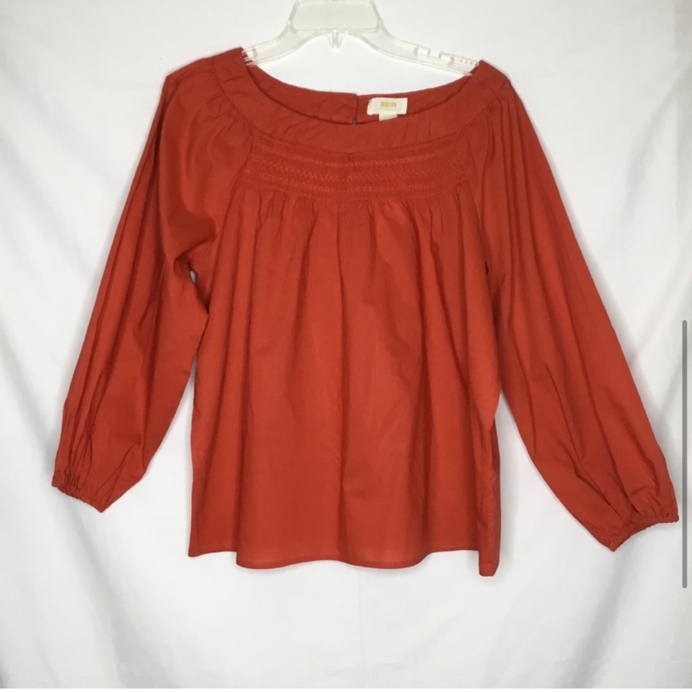 Anthropologie Maeve Coral Poplin Smocked Neck Peasant Top Size XS NWT - Picture 6 of 11